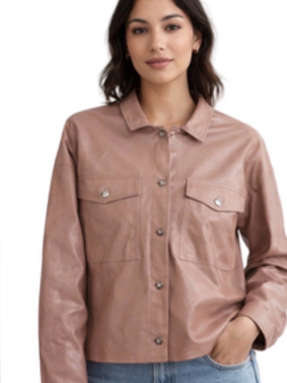 Tahari Blush Tan Faux Leather Shirt-Jacket